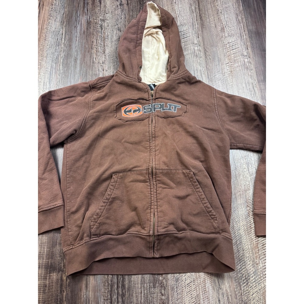 Vintage Split Skateboards Brown Full Zip Hoodie Y2K Skater Embroidered Mens M